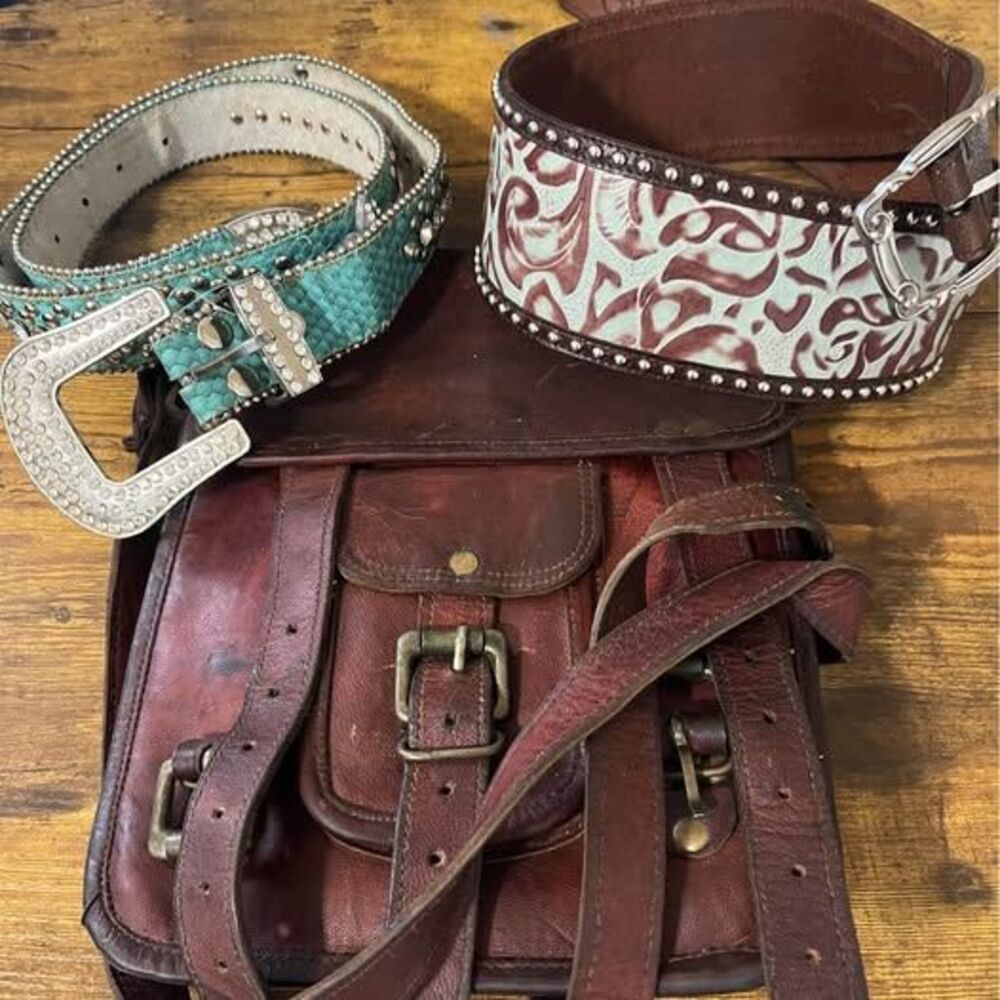 Genuine leather vintage messenger Leather Bag & Belts Bundle